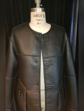Nwt. Mango Teddy Oilve Green Faux Shearling/black Lined Vegan Leather Jacket